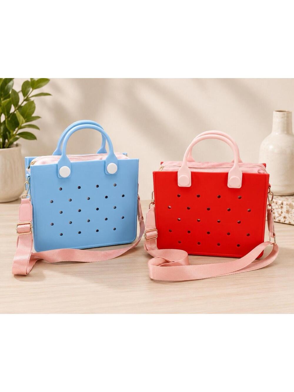 Lot of 2 Purses, Blue &, Red,  L Perforated Waterproof Beach Tote Bag Top
